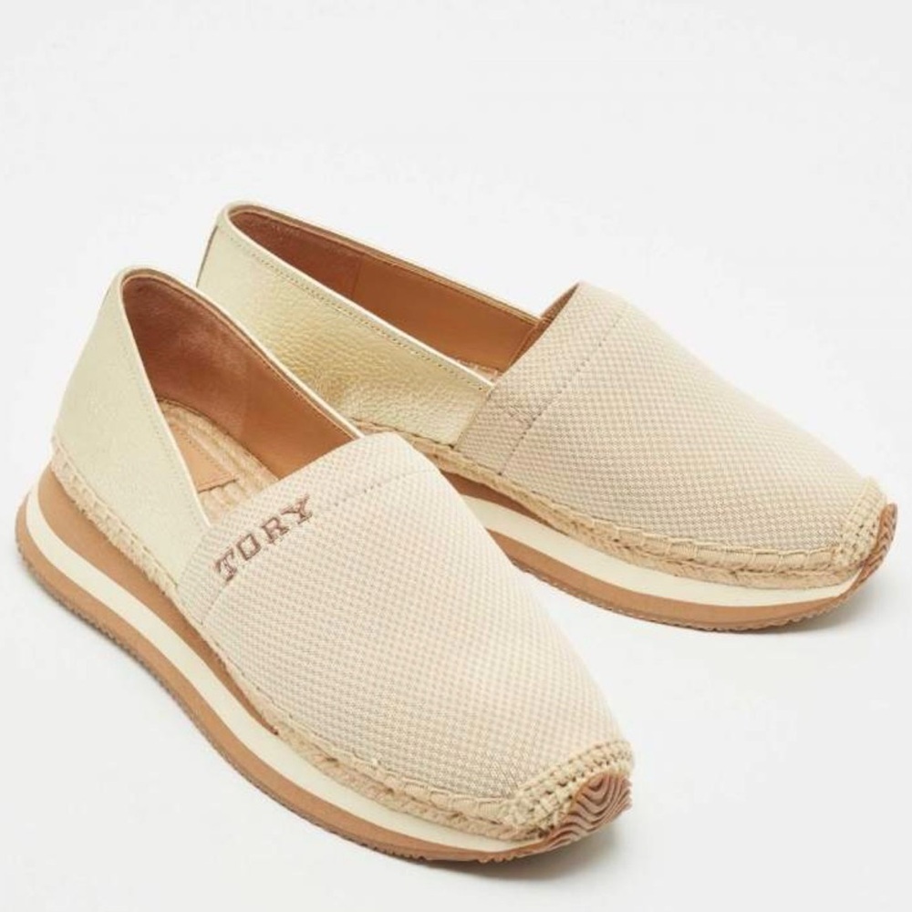 Tory Burch Gold/Beige Knit Fabric Daisy Espadrille Slip-On Sneakers Sz 9